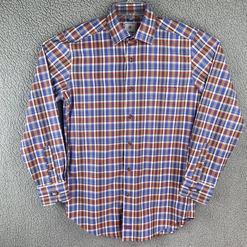 David Donahue Shirt Mens Small Blue‎ Orange Plaid Long Sleeve Button Up